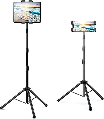Raking Tablet Floor Stand, Height Adjustable Cellphone Floor Stand with 360°Rotating Tripod Mount, Compatible with iPhone iPad mini/Air/Pro and All 5.5-12.9 Inch Devices