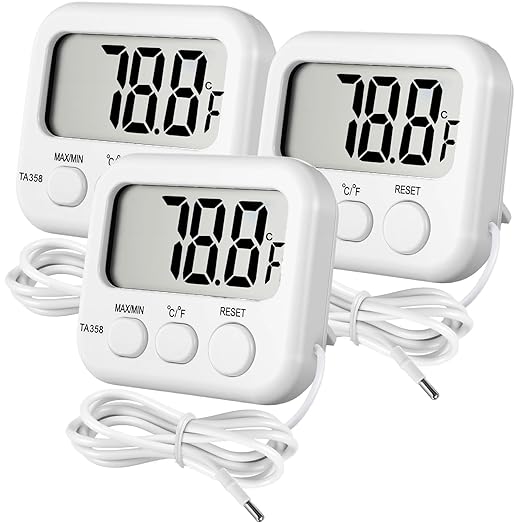 Kingdder 3 Pack Digital Thermometer with External Sensor Fridge Thermometer Freezer Waterproof Room Temperature Monitor with LCD Display, Max/min Record Function for Kitchen Aquarium Greenhouse