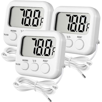 Kingdder 3 Pack Digital Thermometer with External Sensor Fridge Thermometer Freezer Waterproof Room Temperature Monitor with LCD Display, Max/min Record Function for Kitchen Aquarium Greenhouse
