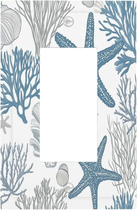 Blue Starfish Nautical Beach Conch Coastal Coral Shell Decorative Outlet Covers 1 Gang Single Rocker Light Switch Cover Plate Wall Plates Gfci Faceplate For Kids Room Bathroom Decor