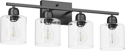 Modern 4 Light Bathroom Light Fixtures, 24 inch Black Vanity Lights for Bathroom with Clear Glass, Bathroom Vanity Light for Mirror Kitchen Living Room Hallway Cabinet Porch