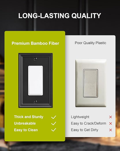 6-Pack Decorator Outlet Cover Plate, Black Decorative Switch Plates and Outlet Covers, Natural Bamboo Fiber Wall Plates for Electrical Outlets, Receptacle, GFCI Outlet, Dimmer Switch