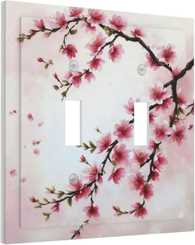Branch with Pink Flowers Light Switch Covers Double Toggle 2 Gang Wall Plate Dual Decorative Switchplate Electrical Faceplate for Farmhouse Decor