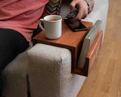 Wooden Couch Arm Tray – Sofa Armrest Table with Book & Magazine Holder, Perfect for Coffee & Remote Control, Solid Wood (Paris)