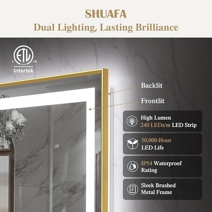 36X36 Inch LED Bathroom Mirror with Lights, Gold Frame Frontlit+ Backlit Bathroom Vanity Mirror for Wall, Ultra-Clear Tempered Glass, Shatter-Proof, Anti-Fog and Memory Function, ETL Listed