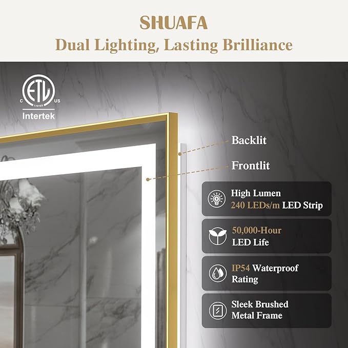55X36 Inch LED Bathroom Mirror with Lights, Gold Frame Frontlit+ Backlit Bathroom Vanity Mirror for Wall, Ultra-Clear Tempered Glass, Shatter-Proof, Anti-Fog and Memory Function, ETL Listed