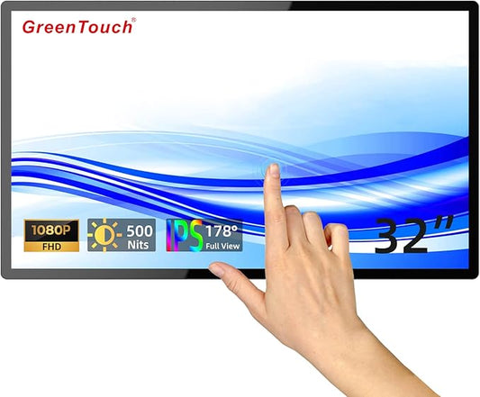 GreenTouch 32 Inch Industrial Digital Signage Touchscreen Monitor, 500 Nits Display 1920 x 1080P, Built-in Speaker, with HDMI + VGA + DVI Ports for Advertising