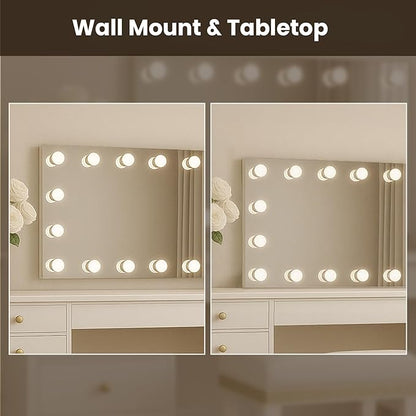 WTTY LED Bathroom Mirror with Lights 48"x36" Hollywood Wall-Mounted Mirror with 3 Color Temperatures, Stepless Dimmable Bulbs, Anti-Fog & Shatter-Proof