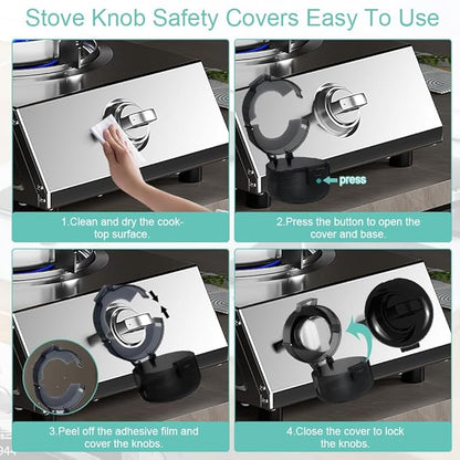 Press Gas Stove Knob Locks,6 Pack Stove Knob Safety Covers and 2 Pack Cabinet Door Child Lock with Strong Double-Sided Tape,Heat-Resistant Gas Stove Knob Protectors for Child Safety/Pet Safety