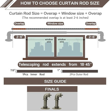 Industrial Curtain Rods 18 to 45 in,Blackout Curtain Rod,Adjustable Length,1 in Diameter Pipe,Wall or Ceiling Mounted,for Bedroom and Living Room (Antique Silver 18” to 45”)