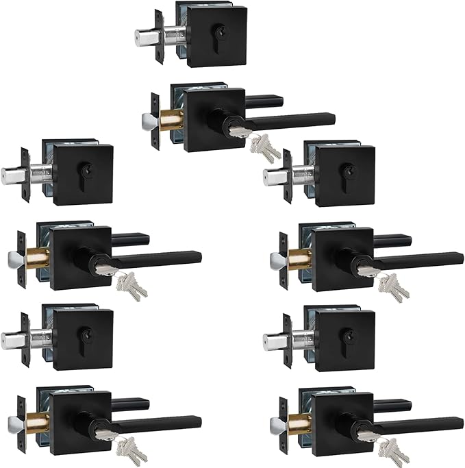 Keyed Entry Door Handle with Single Cylinder Deadbolt, Keyed Alike(Same Keys Only Per Set) Front Door/Exterior Door Lever Lockset, Matte Black, 5 Sets of Locks with 5 Sets of Different Keys