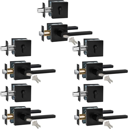 Keyed Entry Door Handle with Single Cylinder Deadbolt, Keyed Alike(Same Keys Only Per Set) Front Door/Exterior Door Lever Lockset, Matte Black, 5 Sets of Locks with 5 Sets of Different Keys
