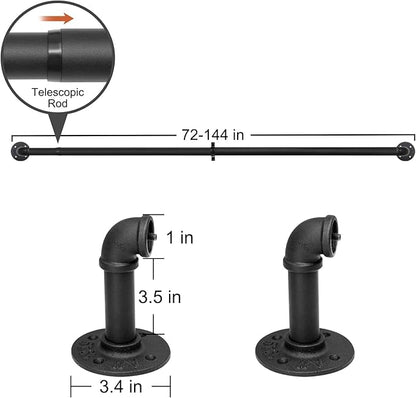Refrze Curtain Rods for Windows 72 to 144 Inch, 1"Black Curtain Rod Industrial Wrap Around,Adjustable Heavy Duty Blackout Curtain Rods for Ceiling,Bedroom,Outdoor Patio
