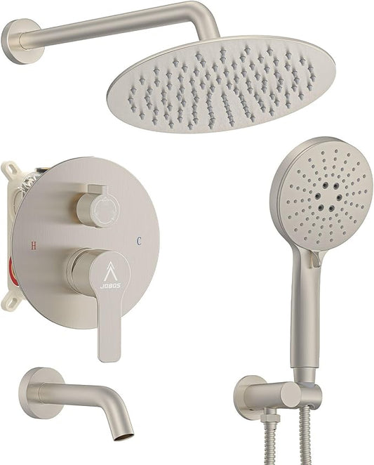 3 Functions Shower System，Modern Three-Setting 10-Inch Round Rain Shower Head and Faucet Set，Shower Faucet Set Complete Rough-in Valve and Trim Kit Included（Brushed Nickel）
