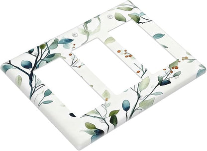 Decorative Outlet Covers Rustic Eucalyptus Leaf Geen Sage Leaves 3 Gang Light Switch Cover Plate Triple Rocker Wall Plates for Electrical Outlets Switch Plate Covers for Bedroom Home Decor