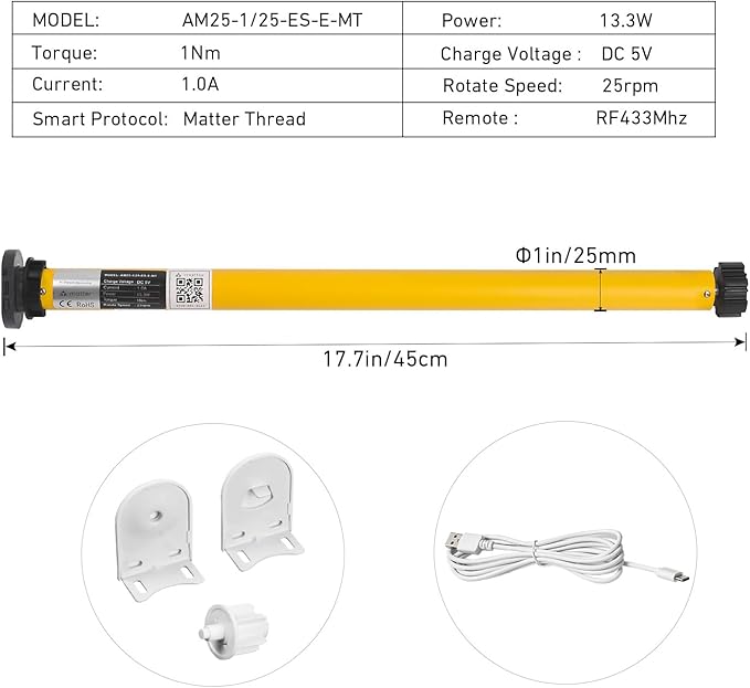 Rollerhouse Matter Smart Blinds Motor for 38mm Tubes - Works with Google Home& Alexa - App & Remote Control, No Hub Required - DIY Installation, Quiet Operation