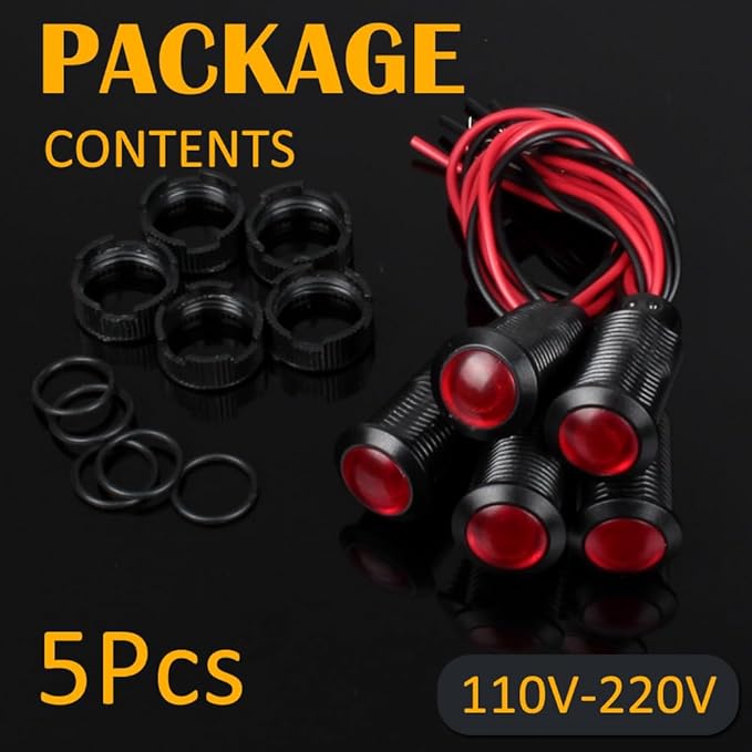 5pcs 12mm LED Indicator Light Plastic Black Signal Dot Lamp 110-220V AC 1/2 inches Mounting Hole Size with 15cm/5.9in. Wire (Red LED)