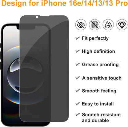 PEHAEL 3Pack for iPhone 16e/14/13/13 Pro Privacy Screen Protector Full Coverage Anti-Spy Tempered Glass Film 9H Hardness Easy Installation Bubble Free [6.1 inch]