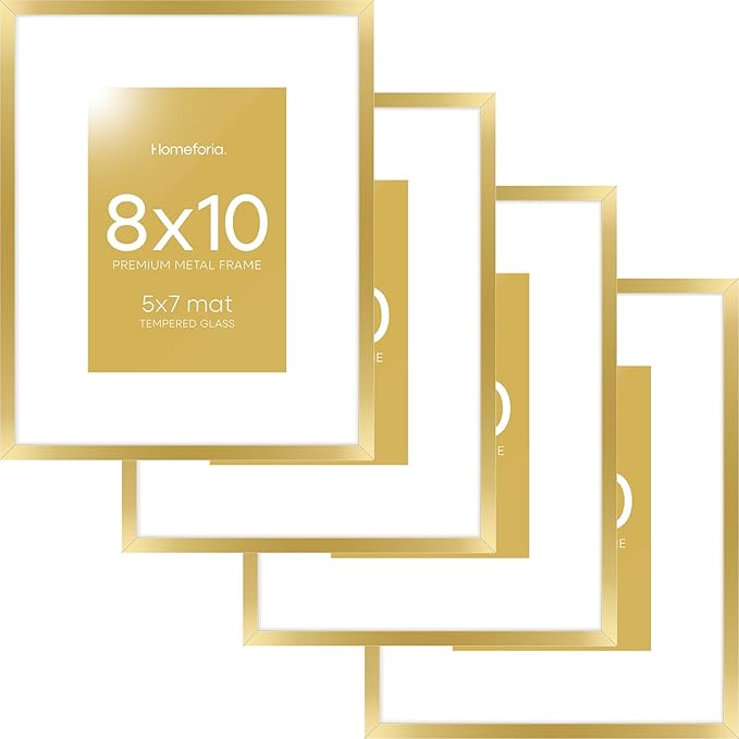 Homeforia 8x10 Picture Frame Gold, High End Metal 8 x 10 Photo Frames with Mat 5 by 7 Art, 10x8 Poster Frame Matted to 5x7 inch Print, 8by10 Wall or Tabletop Frames, Tempered Glass, Wall Kit, Set of 4