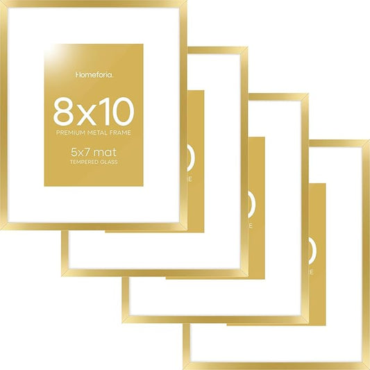 Homeforia 8x10 Picture Frame Gold, High End Metal 8 x 10 Photo Frames with Mat 5 by 7 Art, 10x8 Poster Frame Matted to 5x7 inch Print, 8by10 Wall or Tabletop Frames, Tempered Glass, Wall Kit, Set of 4