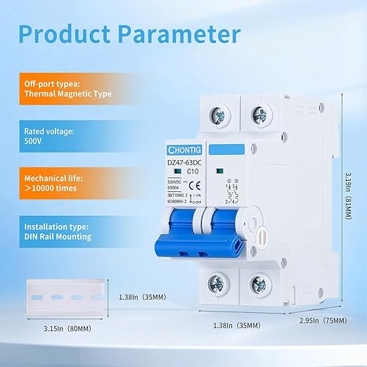 10 Amp Miniature DC Circuit Breaker 500V 2 Pole, Solar PV Disconnect Switch with Thermal Magnetic Trip, DIN Rail Mount Isolator C10