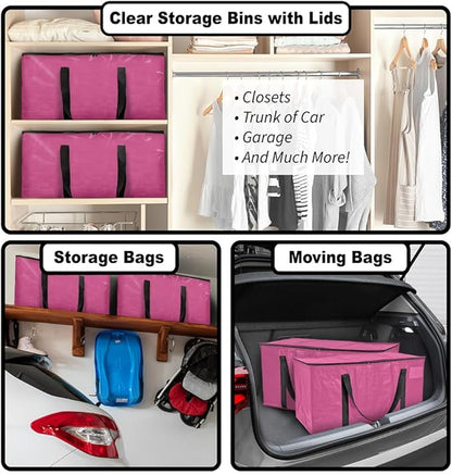 ClearSpace Heavy Duty Moving Bags or Storage Bags – Pink Storage Bins with Lids, Large Moving Boxes with Backpack Straps & Zippers,– Packing Box & Moving Supplies for College Dorm, 4 Pack