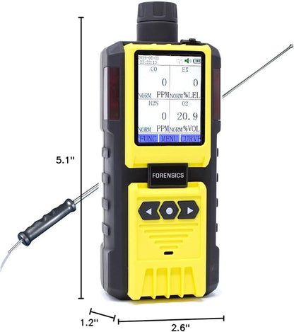 4 Gas Monitor by Forensics | Built-in Pump Multi Gas Meter | O2, CO, H2S, LEL | Color Display & Graphing | USA NIST Calibration | Computer Data Logging |