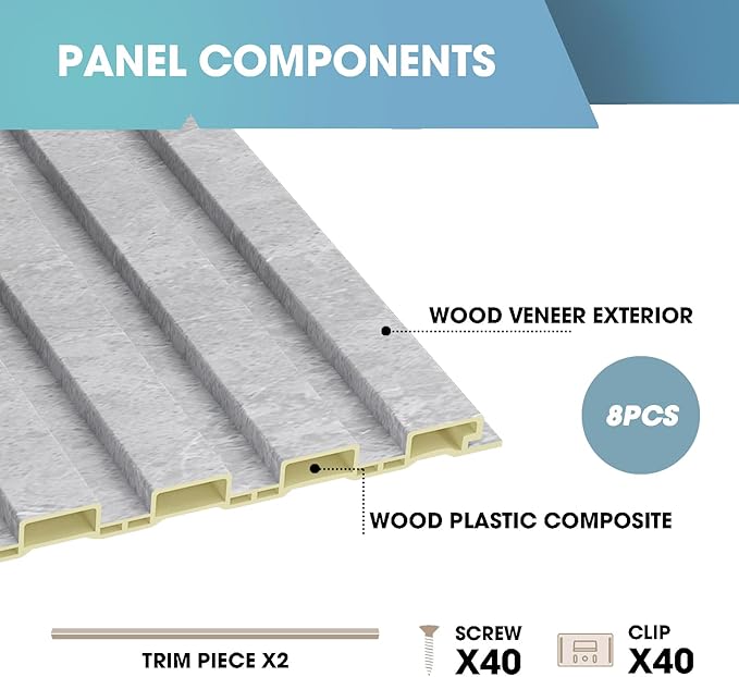 OUZUGIE WPC Acoustic Slat Wall Paneling, 8-Pack 114 x 6 Inches 3D Wall Panels for Interior Wall Decor,Living Room,TV Background,Study Room,Office Spaces,Bedroom,Low Grille (Gray Marble)