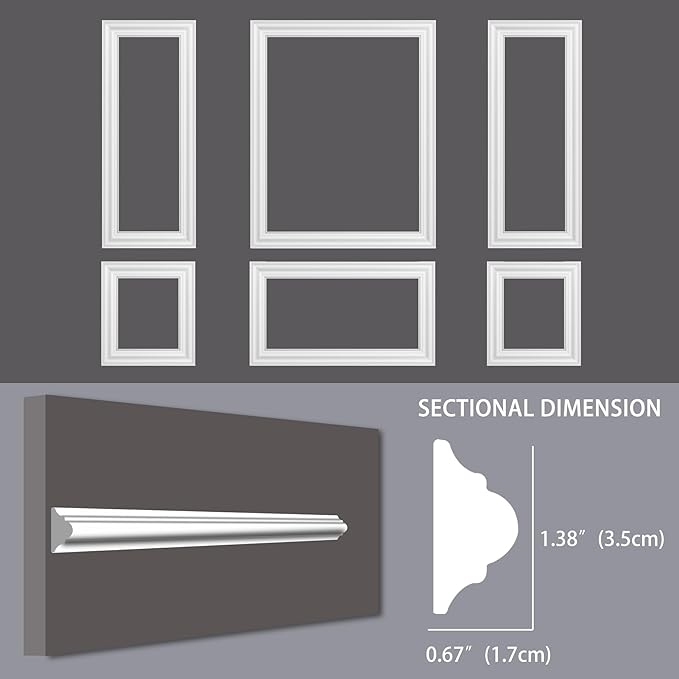 6-Frame Premade Accent Wall Molding Kit, Ready-to-Assemble Wainscoting Panels, Pre-Cut Chair Rail Moulding Trim for Home Décor