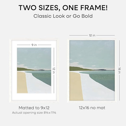Homeforia 12x16 White Picture Frame, High End Oak 12x16 Wood Poster Frames with Mat 9x12 Print, 12 x 16 White Wooden Frame Matted to 9 by 12 Photo, 16x12 Thin Frame, Tempered Glass, Wall Kit, Set of 1