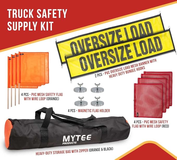 Mytee Products 15 Pcs Magnetic Oversize Load Sign Kit - 2 Mesh Oversized Load Banner, 8 Pcs Mesh Warning Flag w/Wood Dowel & Wire Loop, 1 Bag & 4 Magnetic Flag Holder for Construction, Pedestrian Sign
