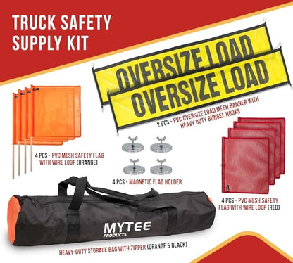 Mytee Products 15 Pcs Magnetic Oversize Load Sign Kit - 2 Mesh Oversized Load Banner, 8 Pcs Mesh Warning Flag w/Wood Dowel & Wire Loop, 1 Bag & 4 Magnetic Flag Holder for Construction, Pedestrian Sign