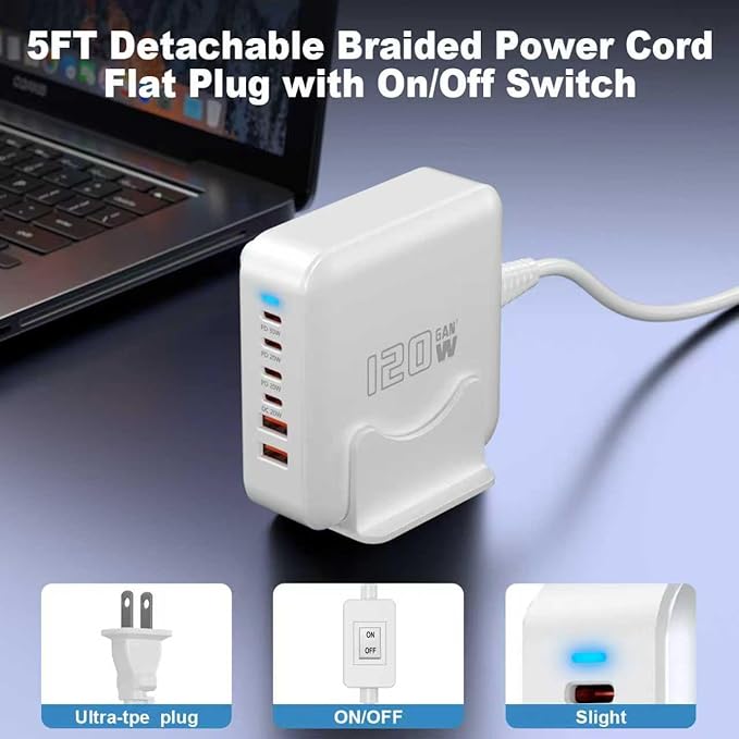 USB C Fast Charger Block, 120W 6-Port Charging Station GaN Hub Adapter, USB C Wall Multi Charger Power Strip Plug with On/Off Switch for iPad iPhone 17 16 15 14 13 12 Pro Max Galaxy S23 (White)