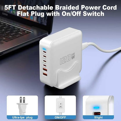 USB C Fast Charger Block, 120W 6-Port Charging Station GaN Hub Adapter, USB C Wall Multi Charger Power Strip Plug with On/Off Switch for iPad iPhone 17 16 15 14 13 12 Pro Max Galaxy S23 (White)