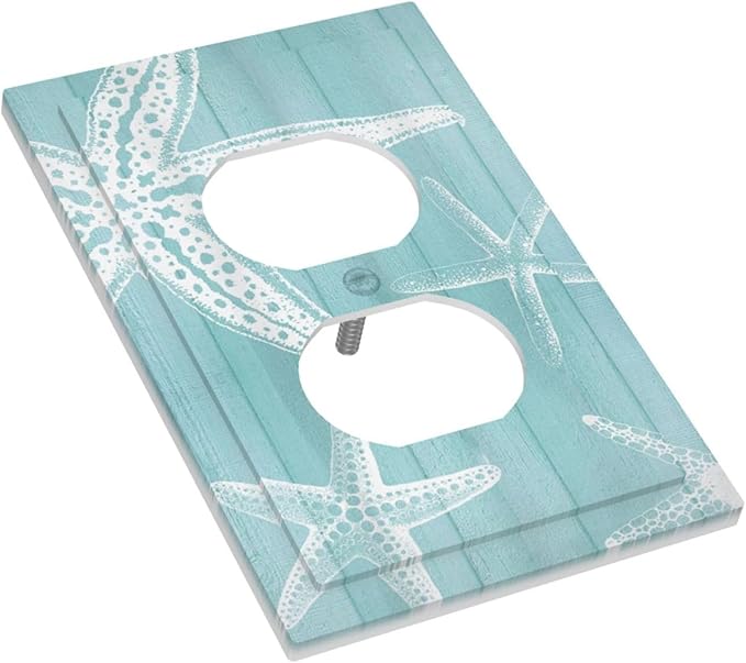 Decorative Outlet Covers Starfish Teal Wood Board Nautical 1 Gang Duplex Light Switch Cover Plate Unique Wall Plates for Electrical Outlets Switch Plate Covers for Bedroom Home Decor