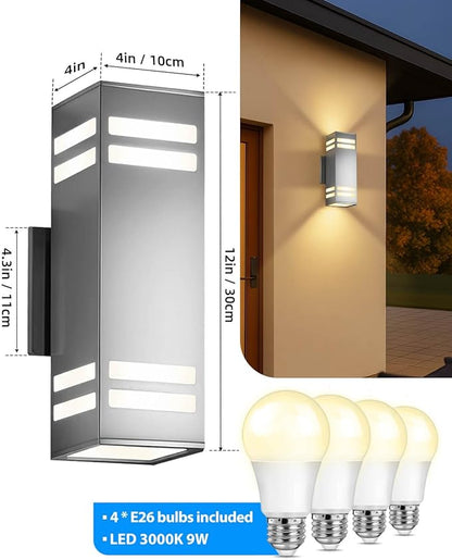 KIZON Modern Dusk to Dawn Outdoor Lighting 2 Pack, Stainless Steel Up and Down Sconce with E26 Base, Includes 3000K Bulbs, Waterproof Exterior Lighting Fixtures, Outdoor Lights for House Porch Garage