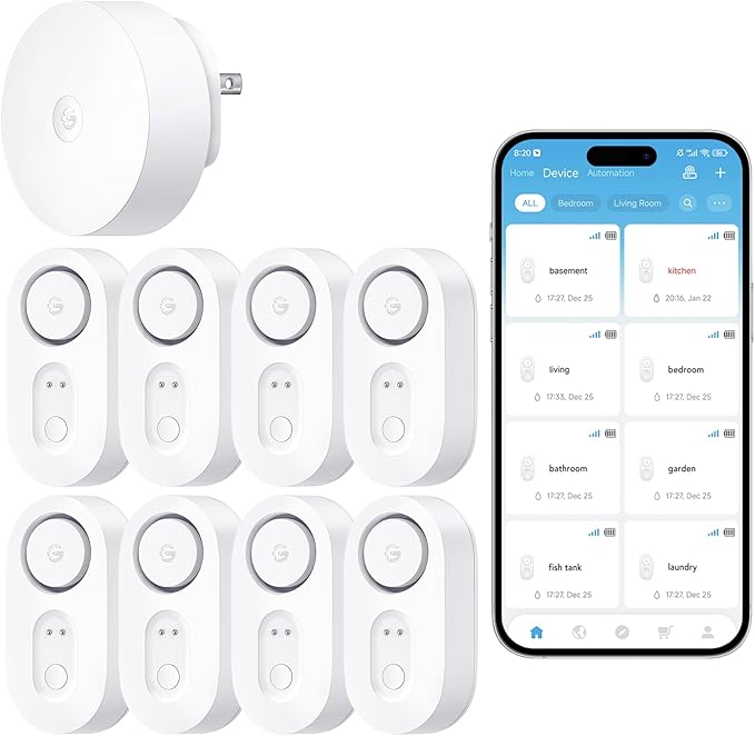 GoveeLife WiFi Water Leak Detector for Home Bundle with sub-Device with 105dB Adjustable Alarm,Water Sensor with 1804ft Long Monitoring Rang