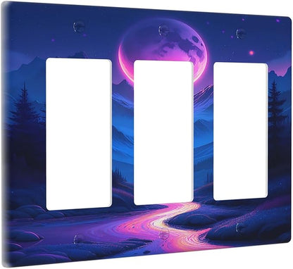 Purple Cyberpunk River Full Moon Mountain Forest Light Switch Covers 3 Gang Rocker Decorative Triple Outlet Wall Plate Cover Electrical GFCI Switchplate for Bedroom Bathroom Decor