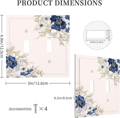Decorative Light Switch Cover Plate Rustic Blue Beige Flower Peony Floral 2 Gang Outlet Covers Double Toggle Wall Plates for Electrical Outlets Switch Plate Covers Faceplate for Home Decor