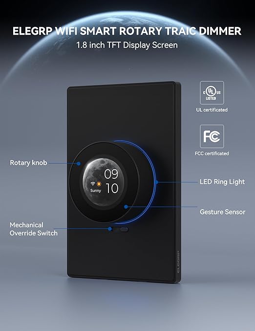 ELEGRP WiFi Smart Rotary Traic Dimmer with 1.8 inch TFT Display Screen, 3 Way, Needs Neutral Wire, 2.4GHz Wi-Fi, Compatible with Alexa and Google Home, No Hub Required, UL Listed, 2 Pack, Black