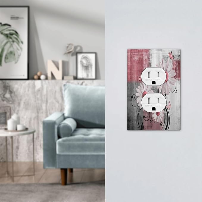 Outlet Covers Pink Floral Rustic Daisy Flower And Butterfly 1 Gang Duplex Electrical Receptacle Faceplate Light Switch Cover Wall Plate Decorative Switch Plates for Farmhouse Cabin Decor