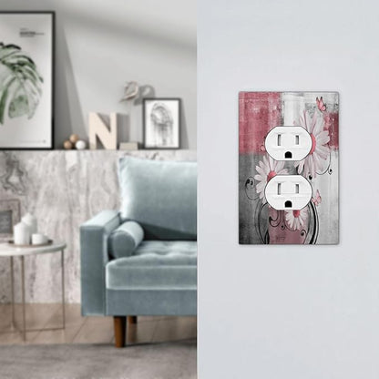 Outlet Covers Pink Floral Rustic Daisy Flower And Butterfly 1 Gang Duplex Electrical Receptacle Faceplate Light Switch Cover Wall Plate Decorative Switch Plates for Farmhouse Cabin Decor
