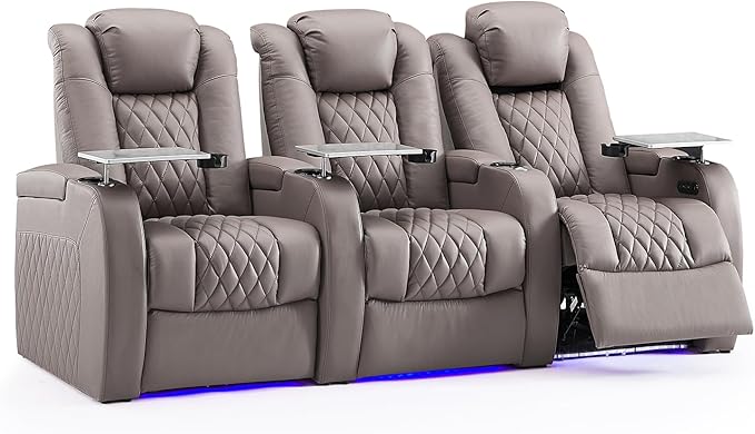 Weilianda Home Theater Seating Top Grain Leather Zero Gravity Recliner Chair Power Headrest Recline Movie Seat Gaming 7 Colors Mood Light Sofa with Tray Table USB Charge Row of 3 Grey