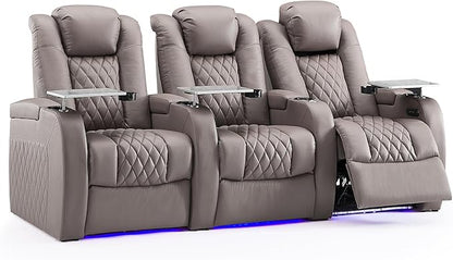 Weilianda Home Theater Seating Top Grain Leather Zero Gravity Recliner Chair Power Headrest Recline Movie Seat Gaming 7 Colors Mood Light Sofa with Tray Table USB Charge Row of 3 Grey