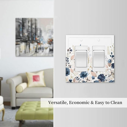 Blue Flora Boho Vintage Flower Golden Leaves Decorative Outlet Covers 2 Gang Double GFCI Rocker Electrical Wall Panels Light Switch Cover Plate for Bedroom Living Room Decor