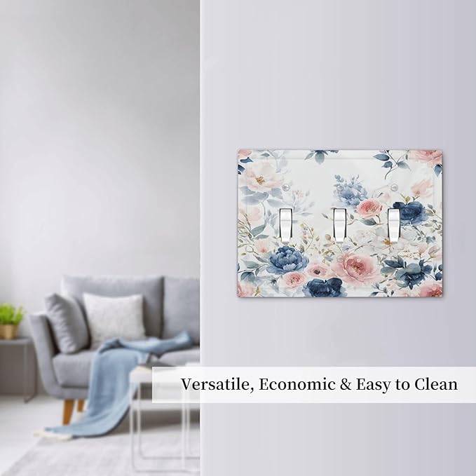 Light Switch Covers Elegant Watercolor Pink Blue Flowers Floral 3 Gang Wall Plates Triple Toggle Outlet Cover Decorative Switchplates Electrical Panel Cover for Kitchen Living Room 4.8 X 6.7 IN