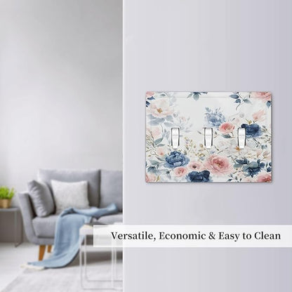 Light Switch Covers Elegant Watercolor Pink Blue Flowers Floral 3 Gang Wall Plates Triple Toggle Outlet Cover Decorative Switchplates Electrical Panel Cover for Kitchen Living Room 4.8 X 6.7 IN