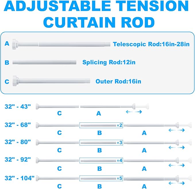 TEECK Shower Curtain Rod, 32-80 inch Adjustable Spring Tension Curtain Rod, Never Rust Anti-Slip Shower Curtain Rod for Bathroom, No Drilling, Never Collapse, Easy to Use, White