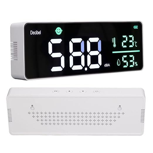 Decibel Meter, Wall Hanging Sound Level Meter, Noise Decibel Meter, 3 in 1 Noise Temperature Humidity Meter, 30 to 130dB Range, with 11in Large LED Display Screen, for Classroom