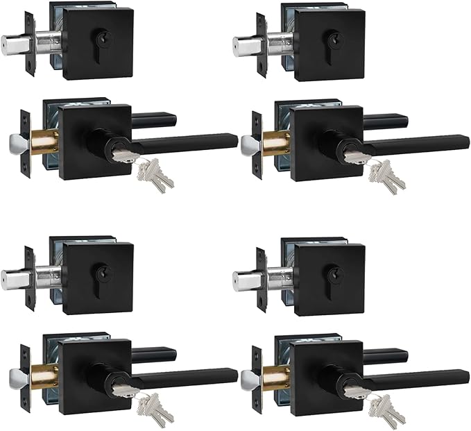 Keyed Entry Door Handle with Single Cylinder Deadbolt, Keyed Alike(Same Keys Only Per Set) Front Door/Exterior Door Lever Lockset, Matte Black, 4 Sets of Locks with 4 Sets of Different Keys